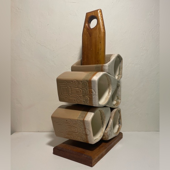 Vtg 5 Signed RODOLFO PADILLA Stoneware Drip Glaze EXPRESSO COFFEE MUGS w/RACK - Picture 3 of 4